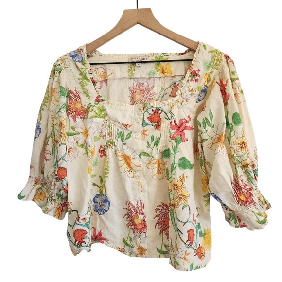 Vintage Laura Ashley Floral Cottagecore Linen Blend Puff Sleeve Blouse Sz. M - Picture 3 of 9